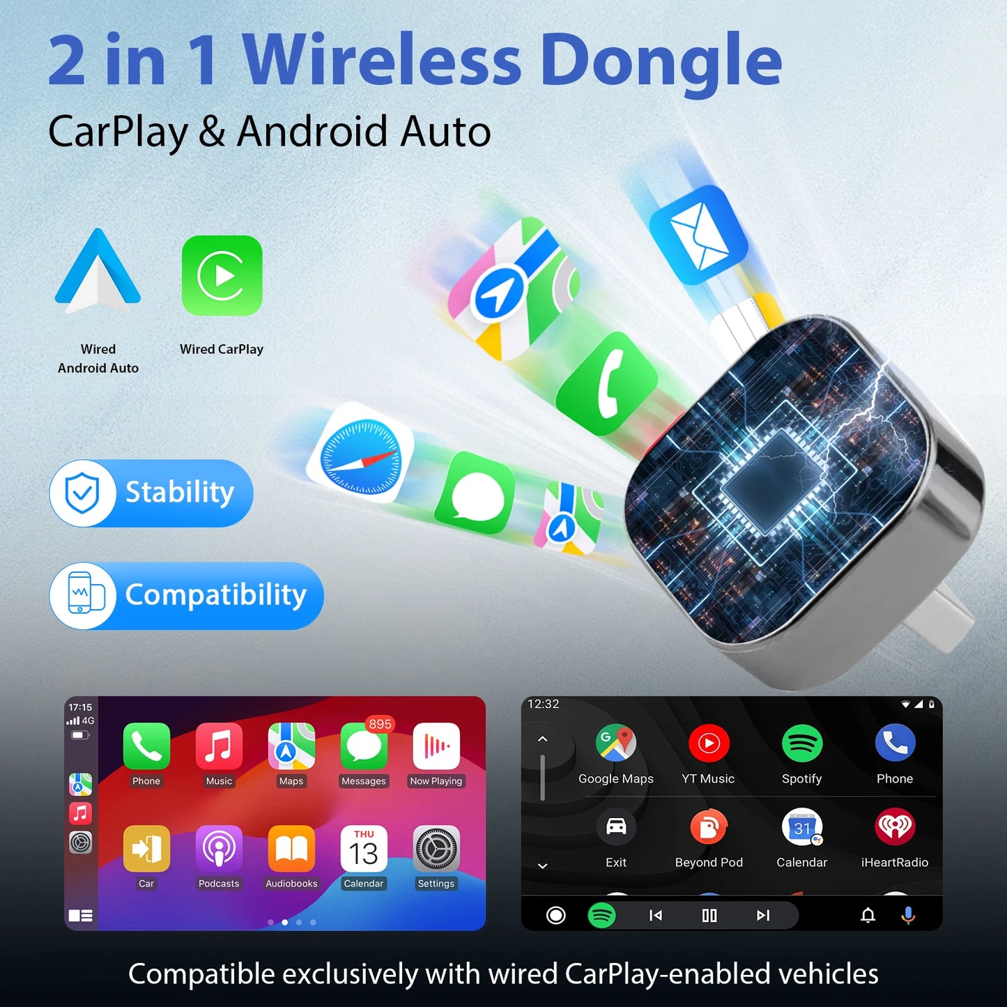 Wireless 2-in-1 CarPlay & Android Auto Adapter (5GHz) - No Cables Needed